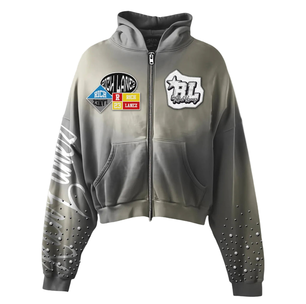 Rich Lanez™ Patched Zip-Up Grey
